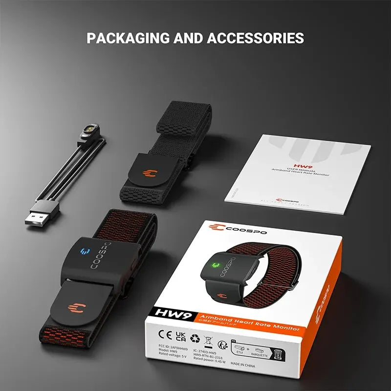 COOSPO HW9 Armband Heart Rate Monitor with HR Zones/Calories, HRM Sensor, BLE5.0 ANT+ for Fitness, Cycling, Peloton, Zwift, Wahoo