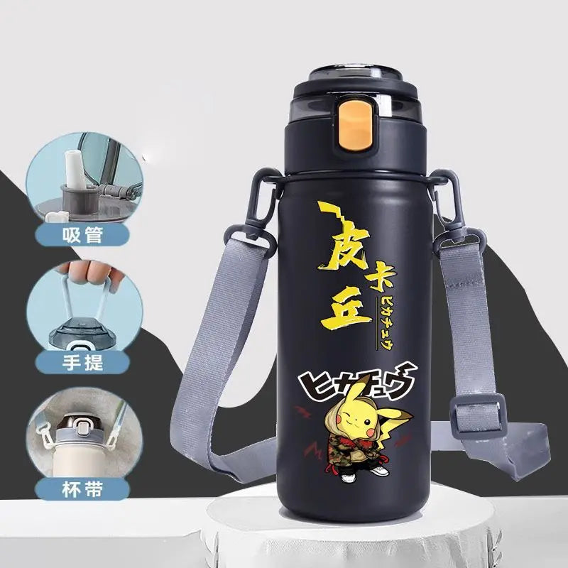 620ML Pikachu Stainless Steel Thermos Bottle – Anime Vacuum Flask with Rope and Large Capacity