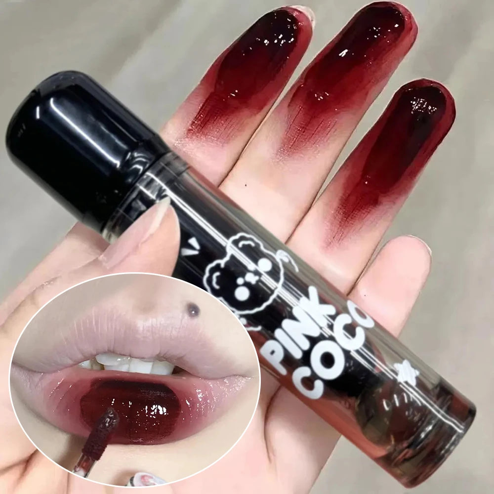 Dark Black Mirror Water Lip Gloss - Moisturizing, Long-Lasting Non-Stick Cup Lipstick in Tea Brown & Red