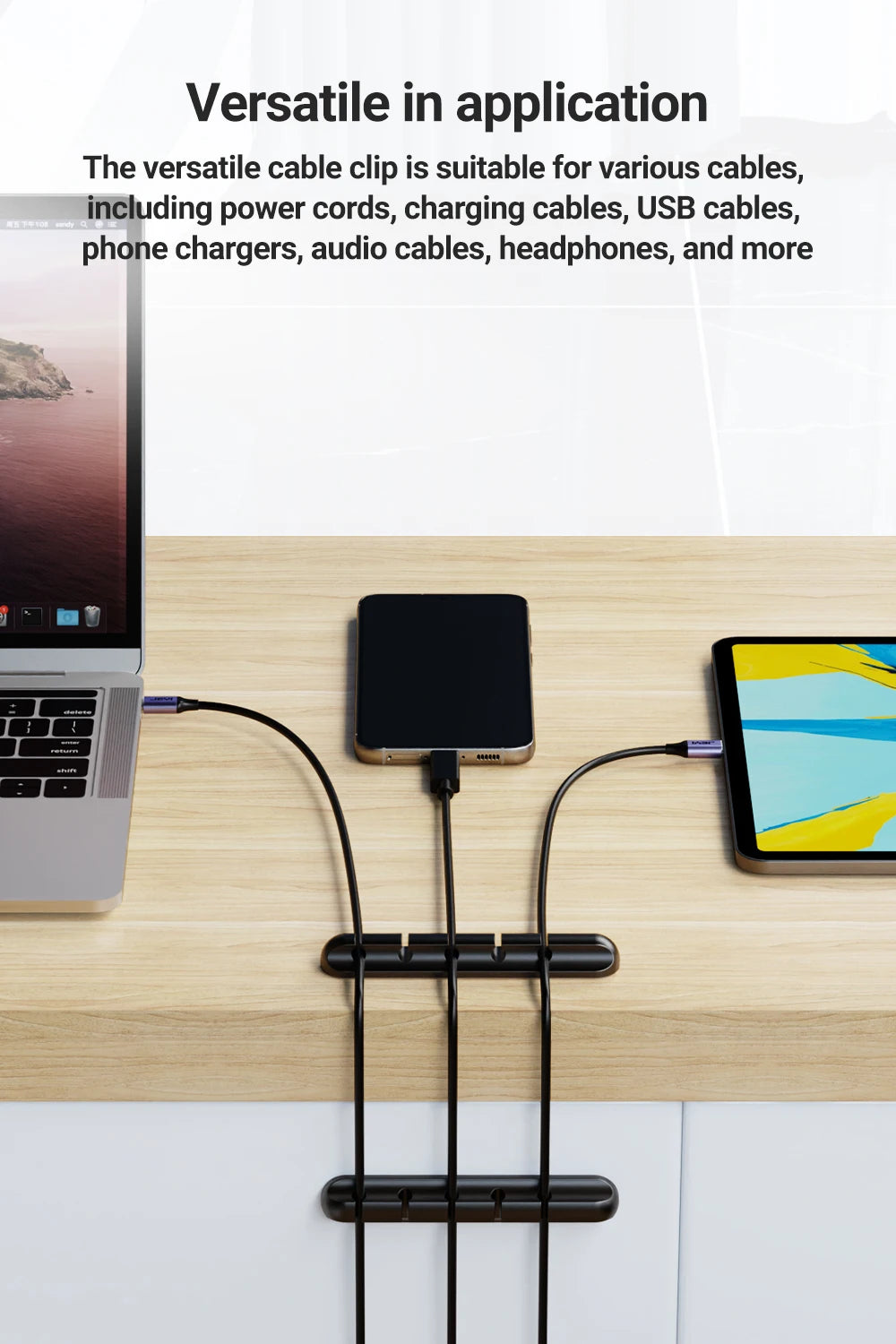 Adhesive Cable Holder Clips - Cord Management Organizer for Desktop, USB, Power, and Mouse Cables