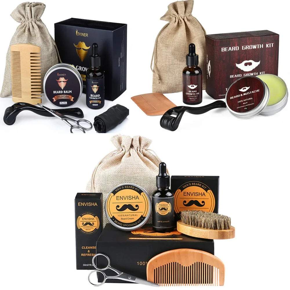 Beard Growth Kit for Men - Essential Oil, Moisturizing Wax, Growth Roller, Comb, and Styling Scissors for Beard Care