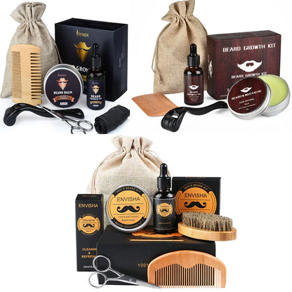Beard Growth Kit for Men - Essential Oil, Moisturizing Wax, Growth Roller, Comb, and Styling Scissors for Beard Care