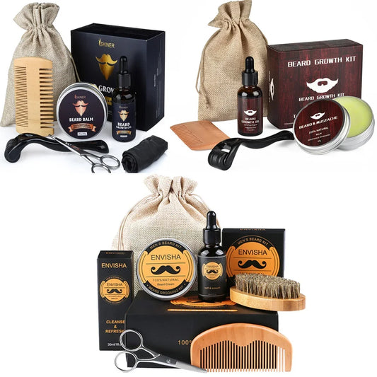 Beard Growth Kit for Men - Essential Oil, Moisturizing Wax, Growth Roller, Comb, and Styling Scissors for Beard Care
