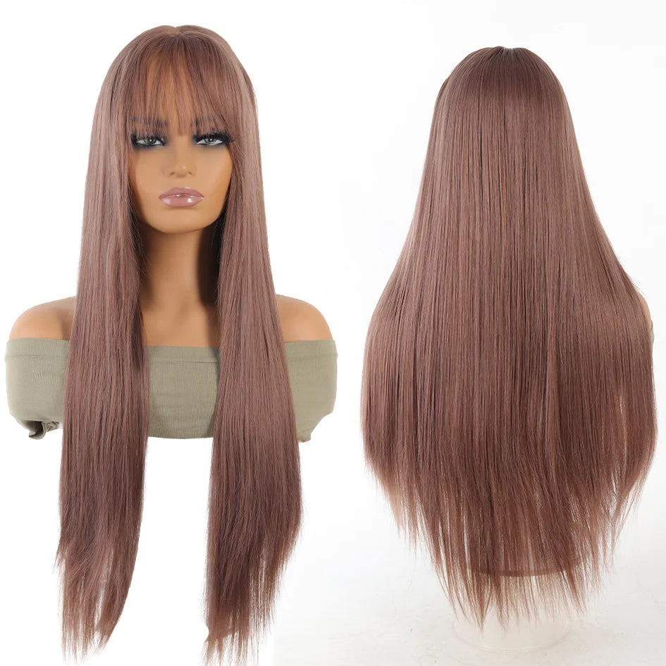 Synthetic Linen Long Straight Hair Wig with Bangs & Curly Ponytail Extensions