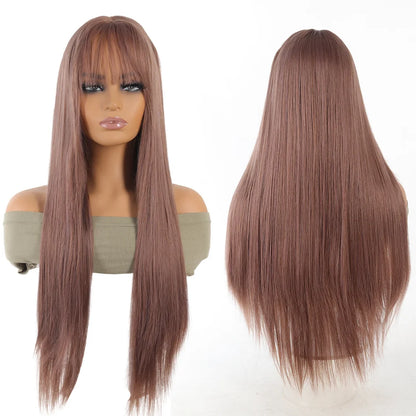 Synthetic Linen Long Straight Hair Wig with Bangs & Curly Ponytail Extensions