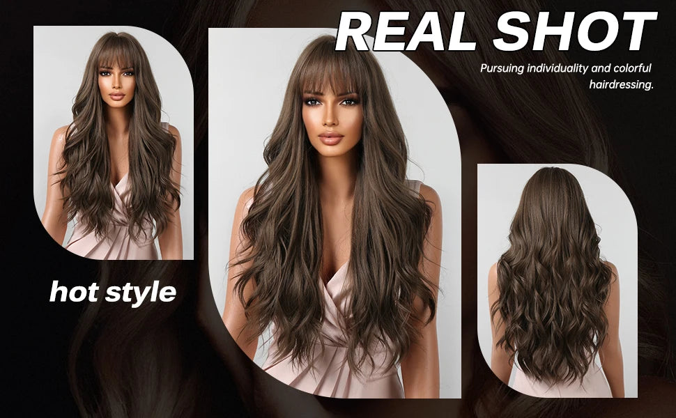 Brown Wavy Wig with Bangs for Women Heat-Resistant Synthetic Hair Cosplay