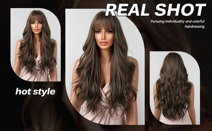 Brown Wavy Wig with Bangs for Women Heat-Resistant Synthetic Hair Cosplay
