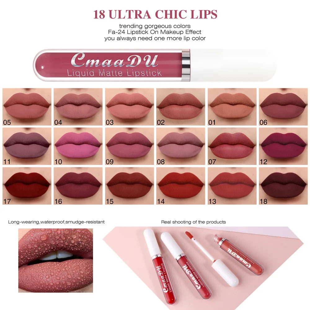 18-Color Long-Lasting Velvet Matte Liquid Lipstick Waterproof Non-Stick Cup
