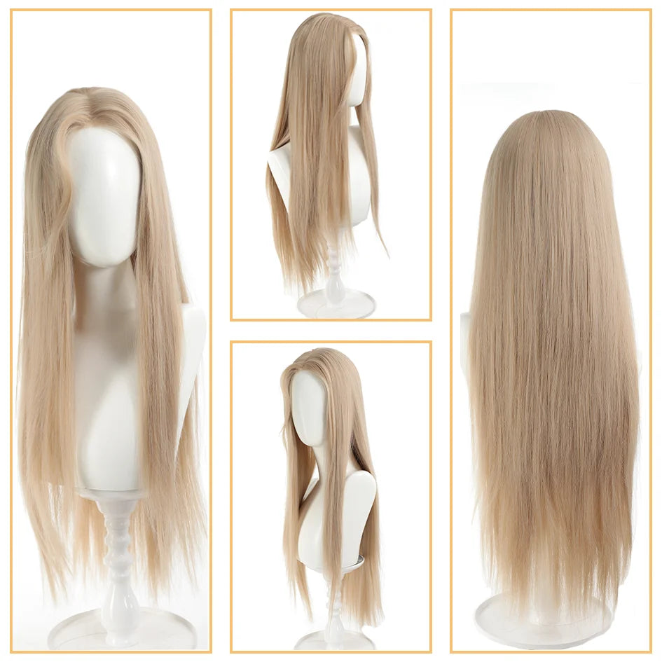 Synthetic Linen Long Straight Hair Wig with Bangs & Curly Ponytail Extensions
