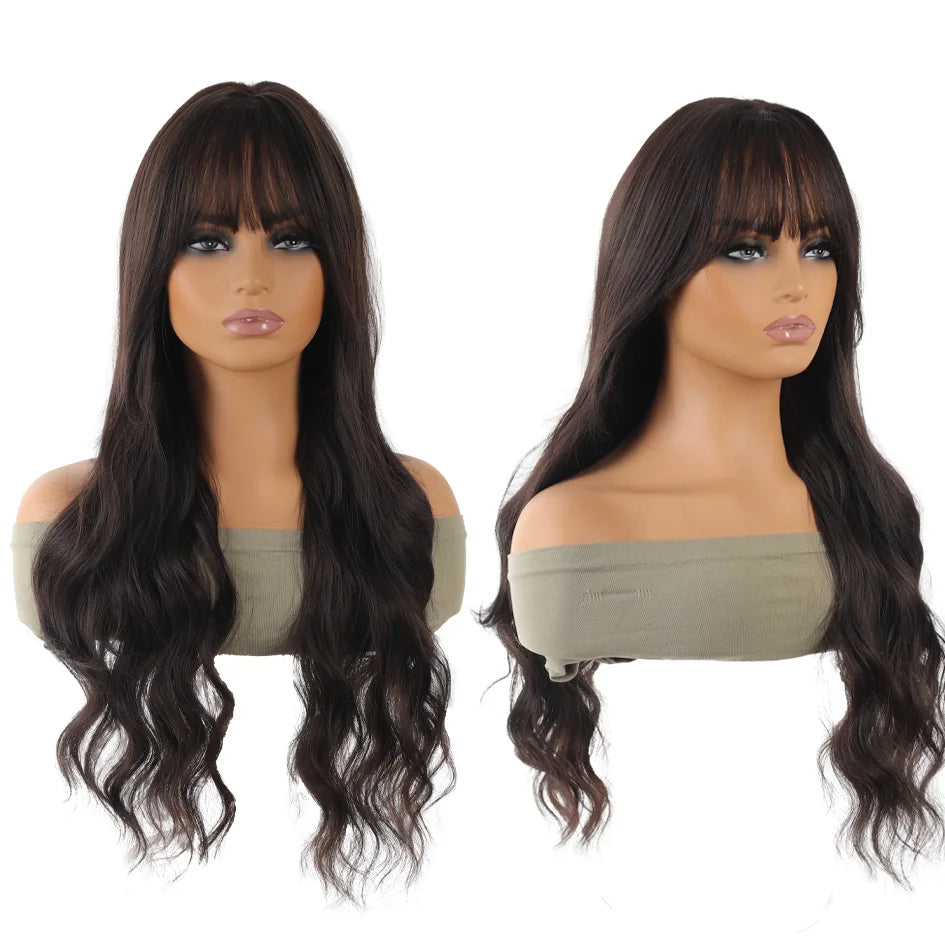 Synthetic Linen Long Straight Hair Wig with Bangs & Curly Ponytail Extensions