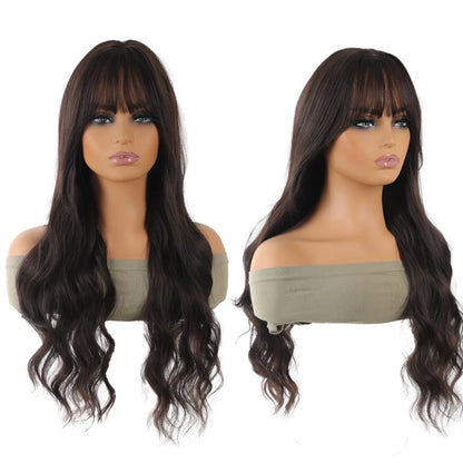 Synthetic Linen Long Straight Hair Wig with Bangs & Curly Ponytail Extensions