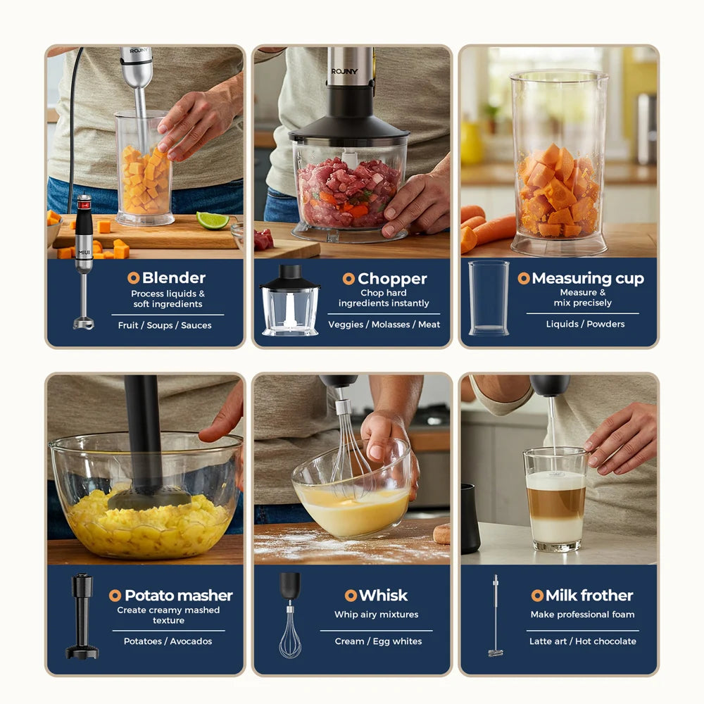 6-in-1 Electric Handheld Stick Blender - Stainless Steel Blades, 1500W for Home & Kitchen
