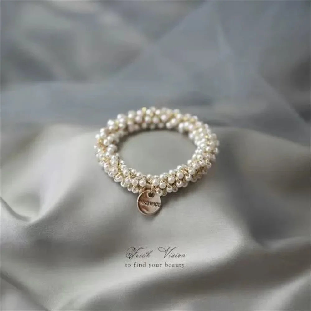 Crystal Pearls Hair Rope Handmade Elastic Beaded Ponytail Holder for Women & Girls Hair Accessories