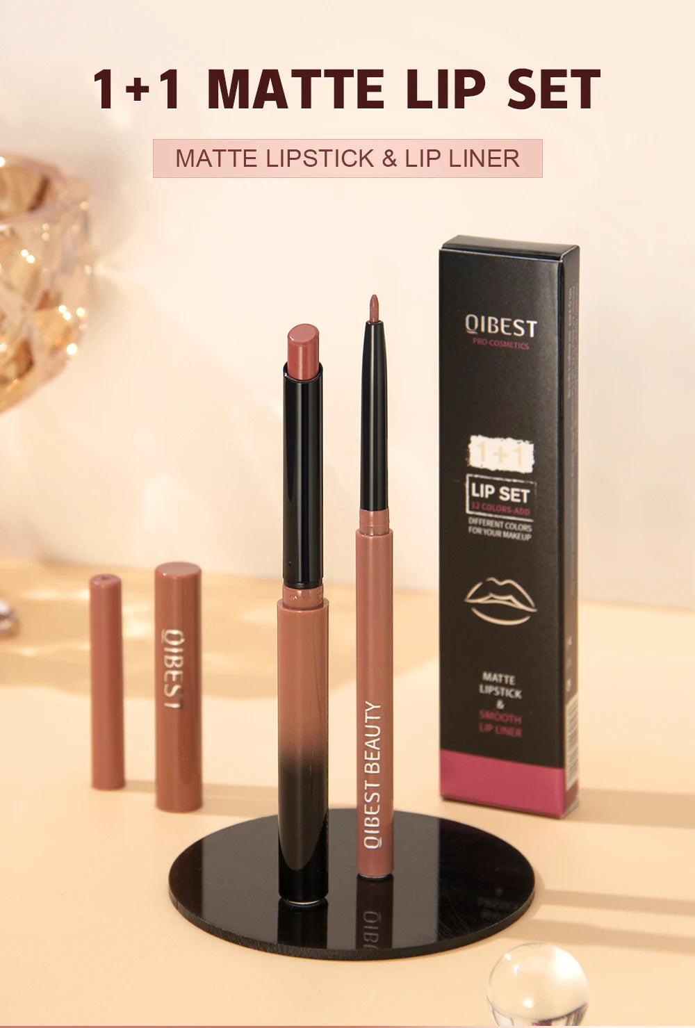 QIBEST 2PC Matte Velvet Lipstick & Lipliner Set - Long Lasting Red Lip Contour Pencil