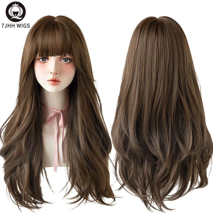 7JHH Popular Brown Ash Long Deep Wave Wig with Bangs for Women