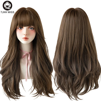 7JHH Popular Brown Ash Long Deep Wave Wig with Bangs for Women
