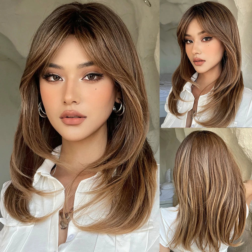 Heat-Resistant Brown Ombre Synthetic Wig with Bangs & Layers for Women