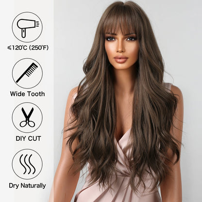 Brown Wavy Wig with Bangs for Women Heat-Resistant Synthetic Hair Cosplay
