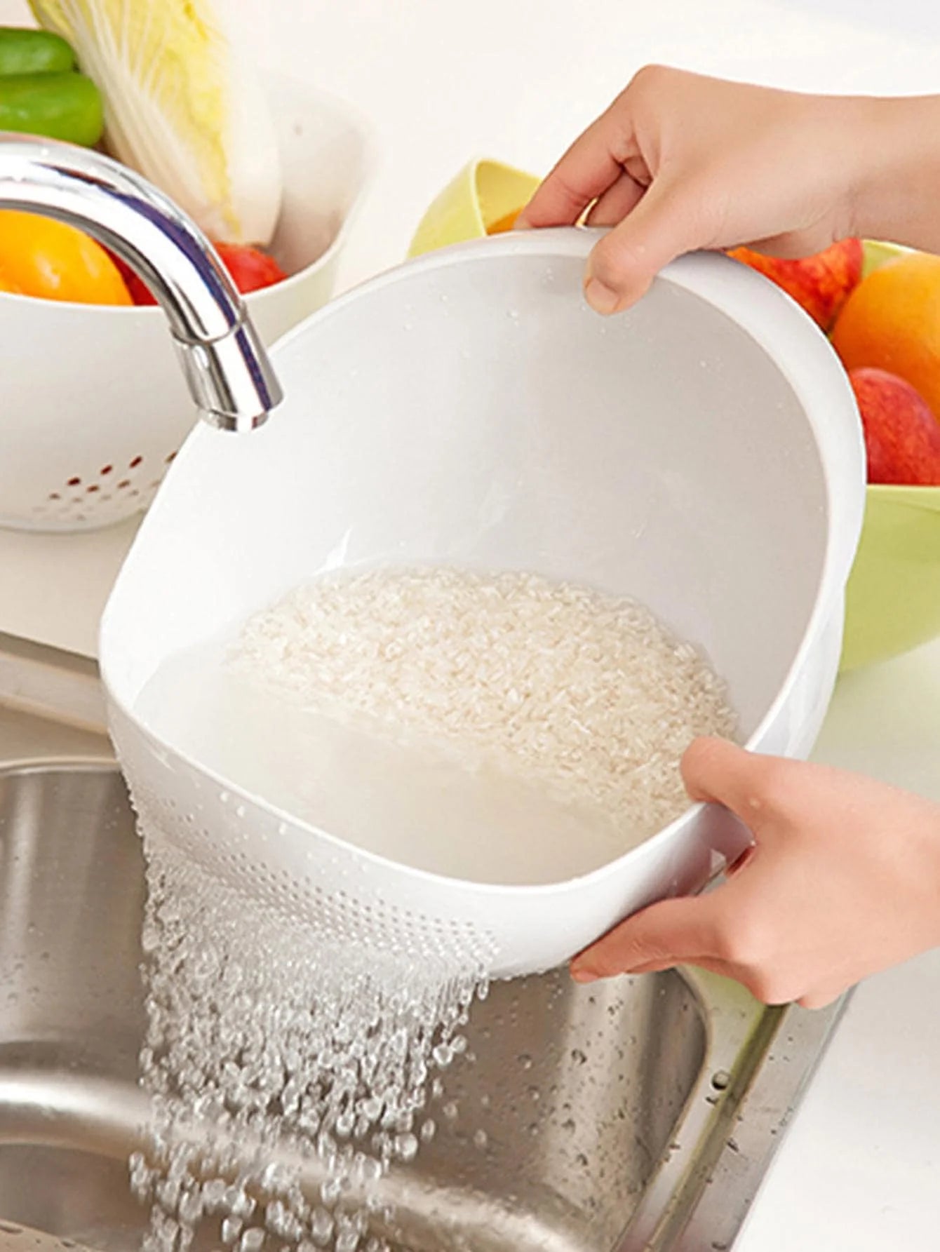 Colander Rice Bowl Drain Basket with Handle for Fruits & Washing Organizer