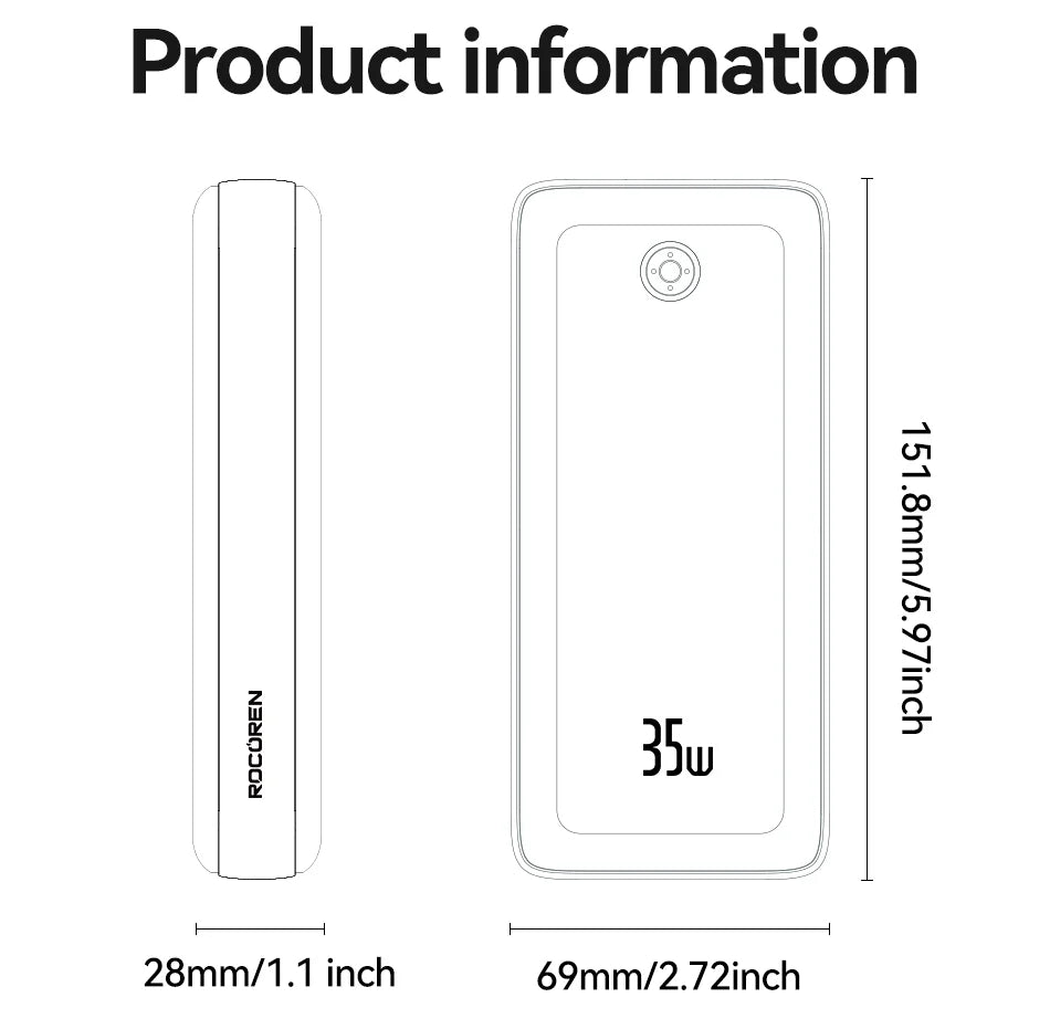 Rocoren 22.5W 20000mAh Power Bank, QC PD 3.0 35W Fast Charge Portable External Battery for iPhone 16, Xiaomi
