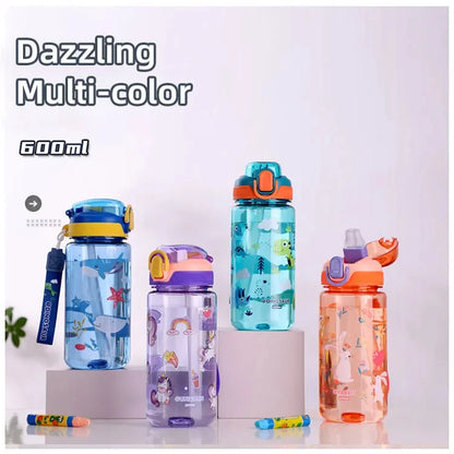600ml Dinosaur Water Bottle for Kids, Leakproof Sippy Cup with Silicone Straw