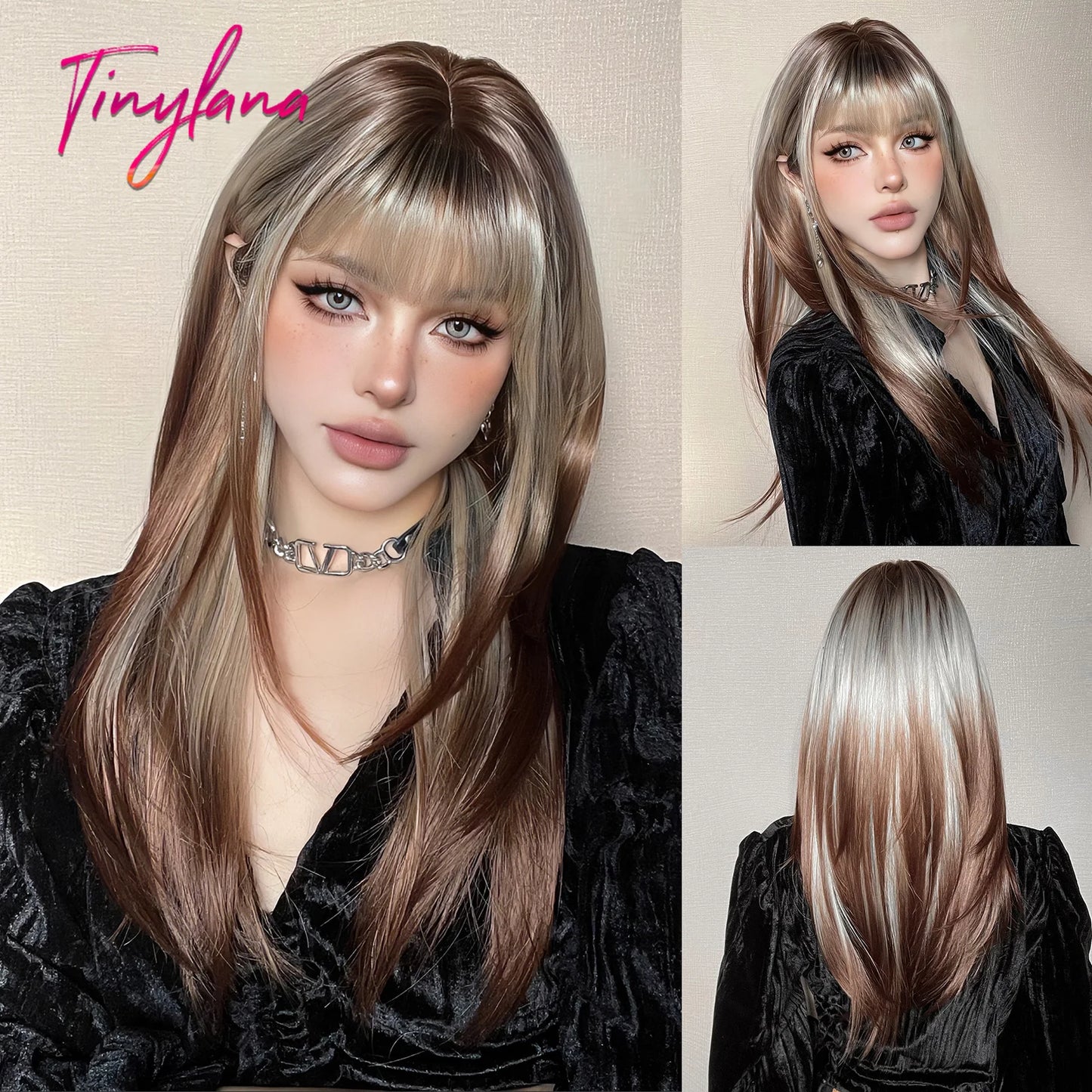 Heat-Resistant Brown Ombre Synthetic Wig with Bangs & Layers for Women
