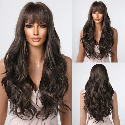 Brown Wavy Wig with Bangs for Women Heat-Resistant Synthetic Hair Cosplay