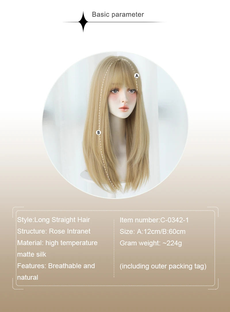 Straight Layered Blonde Wig with Neat Bangs - High Density Synthetic Hair for Women