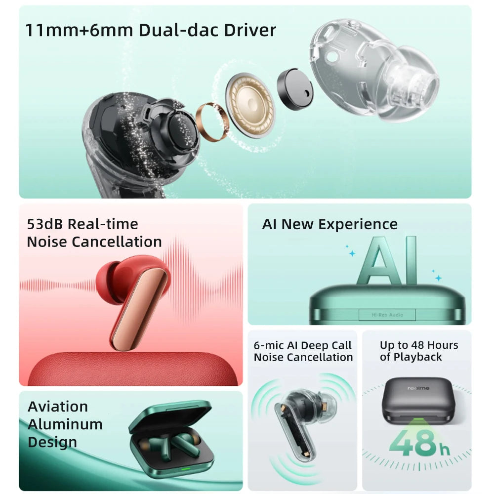 Global Version realme Buds Air 7 Pro - 53dB Active Noise Cancelling TWS Earphones with 48H Battery