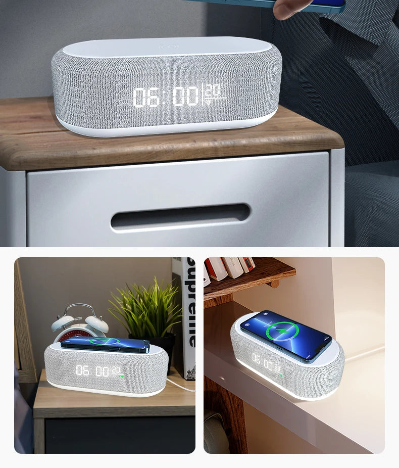 Wireless Charger Alarm Clock - 15W Fast Charging Dock with LED Light, Thermometer & Earphone Stand for iPhone & Samsung
