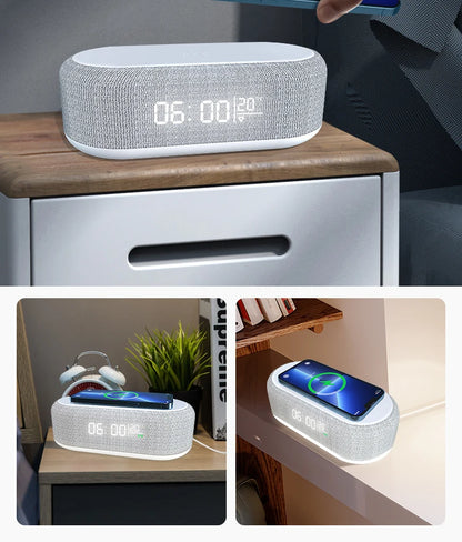 Wireless Charger Alarm Clock - 15W Fast Charging Dock with LED Light, Thermometer & Earphone Stand for iPhone & Samsung