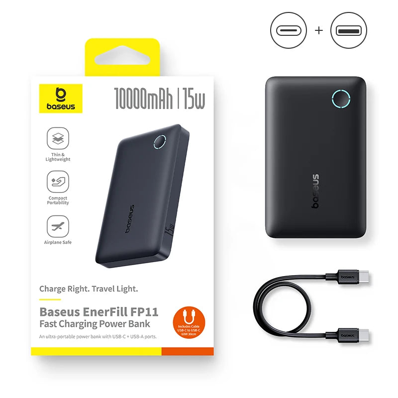 Baseus 22.5W Power Bank 10000mAh, QC PD Fast Charging Portable Charger for iPhone 16/15, Samsung, Xiaomi