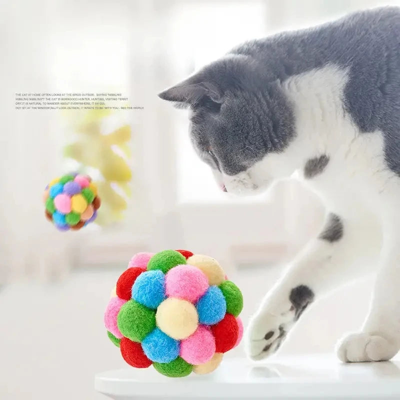 Cat Plush Ball Toy Set – Elastic Bell & Woolen Balls for Playing Cats