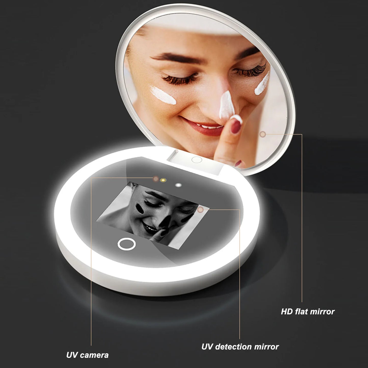 UV Mirror Sunscreen Testing Camera with Light - 2X Magnification Travel Makeup Mirror 3.5in