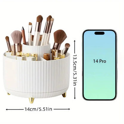 360° Rotating Makeup Organizer – Plastic Cosmetic Storage with 5 Compartments for Brushes