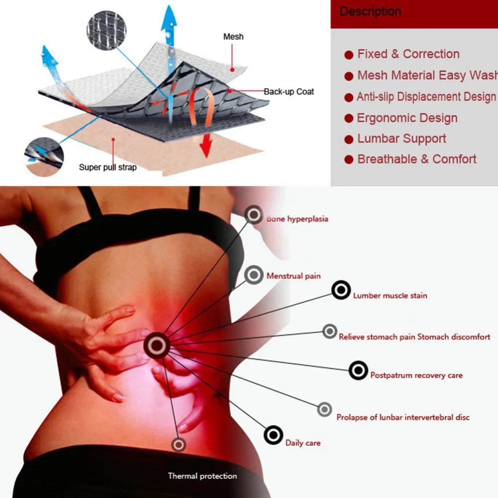 Self-Heating Lower Back Support Belt - Magnetic Therapy Lumbar Waist Brace for Pain Relief