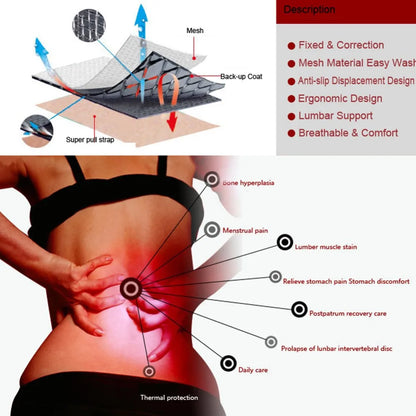 Self-Heating Lower Back Support Belt - Magnetic Therapy Lumbar Waist Brace for Pain Relief
