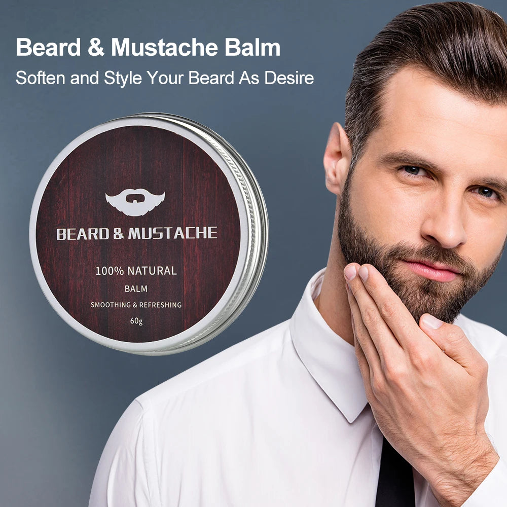 Beard Growth Kit for Men - Essential Oil, Moisturizing Wax, Growth Roller, Comb, and Styling Scissors for Beard Care