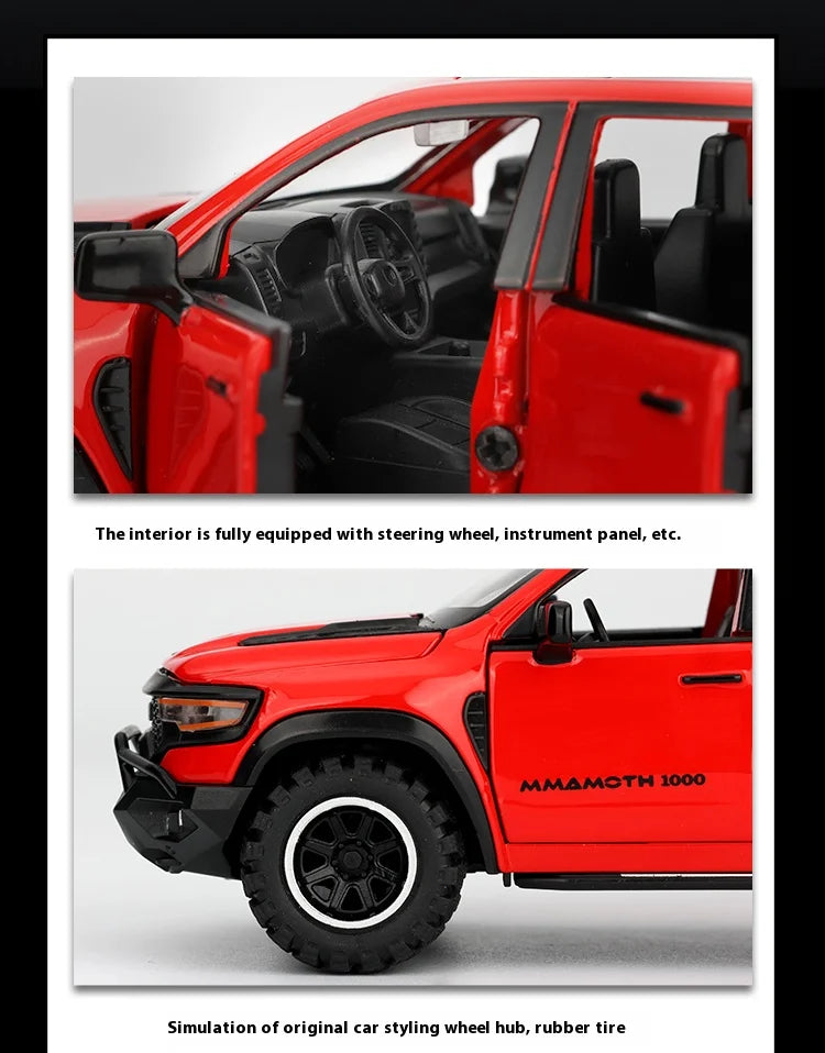 1/32 RAM 1000 TRX Mammoth Pickup Alloy Car Model with Sound and Light Pull Back Toy for Kids Collectibles Birthday Gift