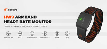 COOSPO HW9 Armband Heart Rate Monitor with HR Zones/Calories, HRM Sensor, BLE5.0 ANT+ for Fitness, Cycling, Peloton, Zwift, Wahoo