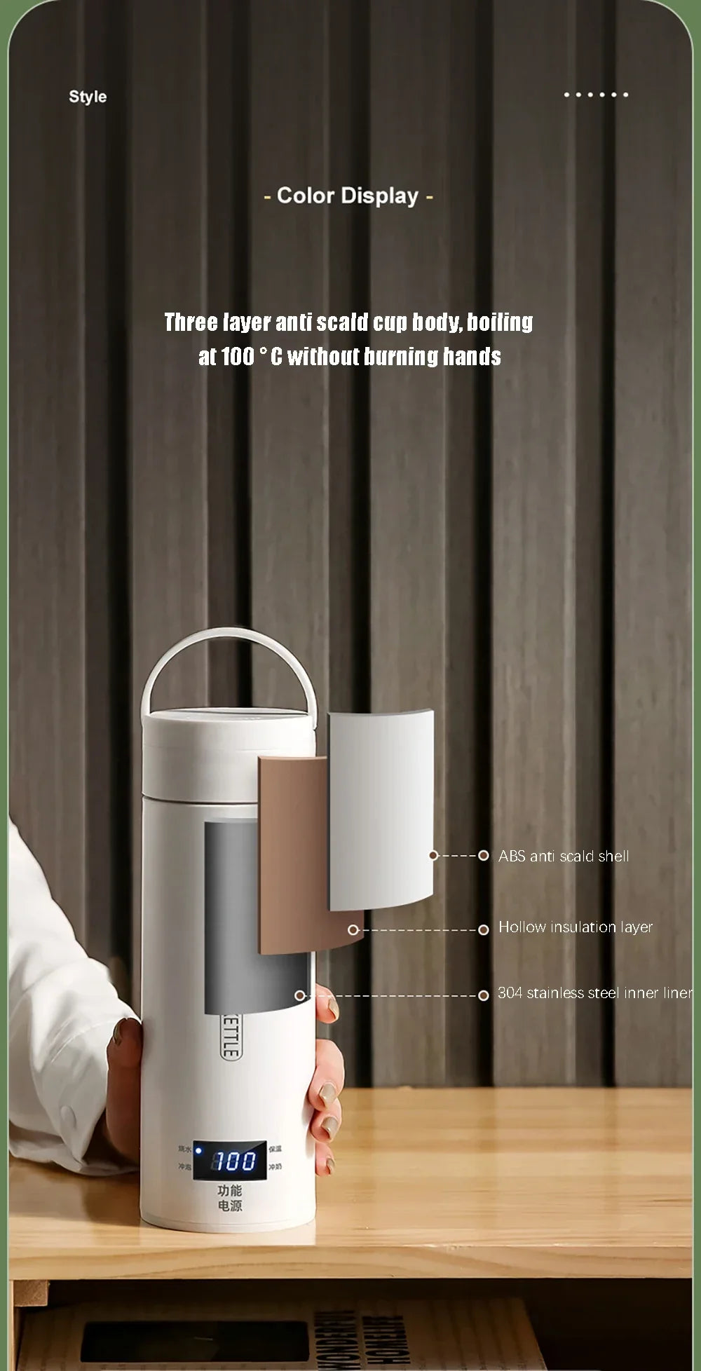 Portable Electric Kettle - Mini Travel Tea & Coffee Boil Water, Keep Warm, Anti-Scald Thermo Bottle