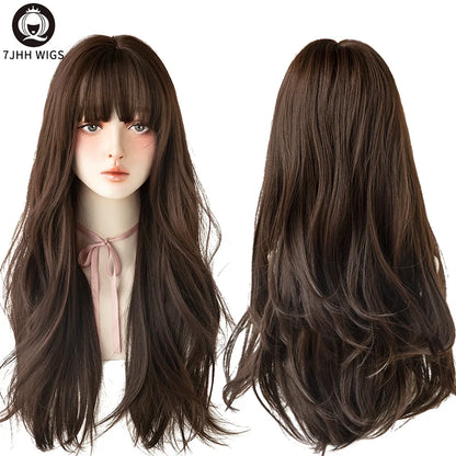 7JHH Popular Brown Ash Long Deep Wave Wig with Bangs for Women