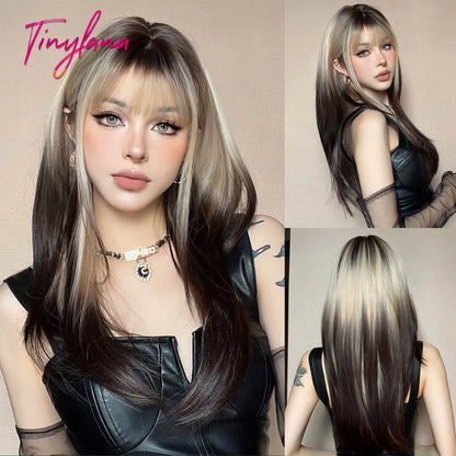 Heat-Resistant Brown Ombre Synthetic Wig with Bangs & Layers for Women