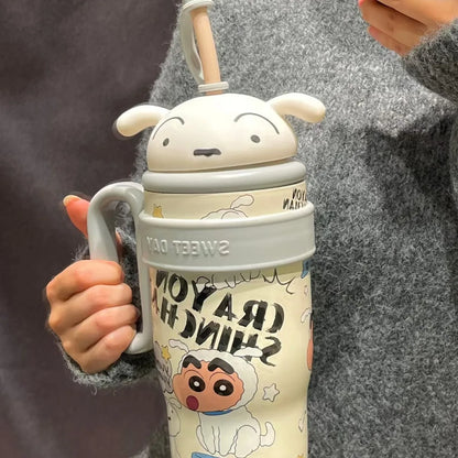 800ML Crayon Shin-Chan Stainless Steel Thermos Cup – Large Capacity with Handle & Straw for Kids