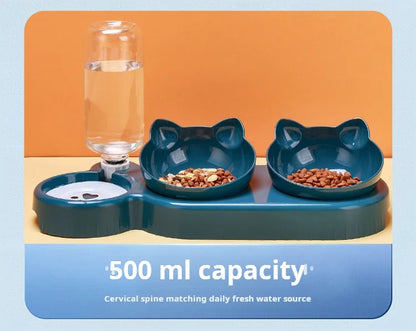 3-in-1 Tilted Pet Bowl Set with Water Feeder & Gravity Bottle for Neck Protection