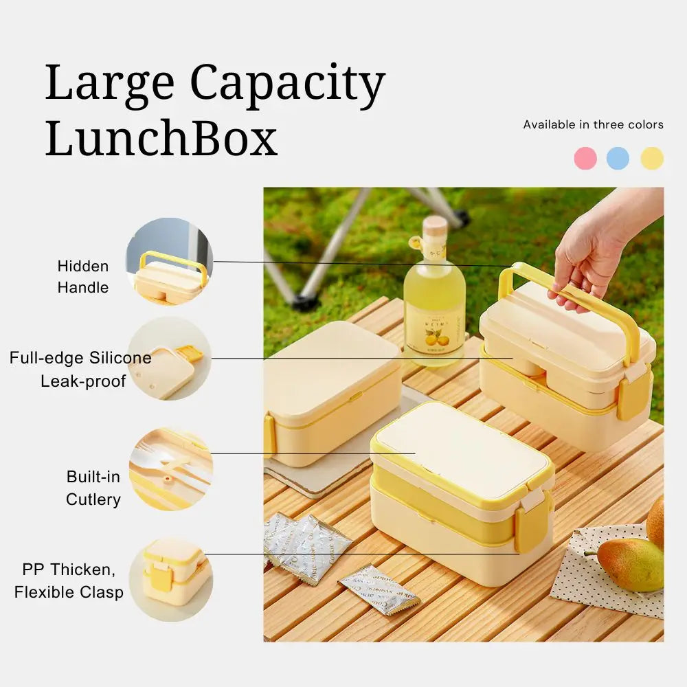2-Layer Bento Box with Handle, Large Capacity Leak-Proof Lunch Box for Kids, Microwave Safe