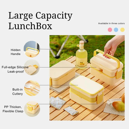 2-Layer Bento Box with Handle, Large Capacity Leak-Proof Lunch Box for Kids, Microwave Safe