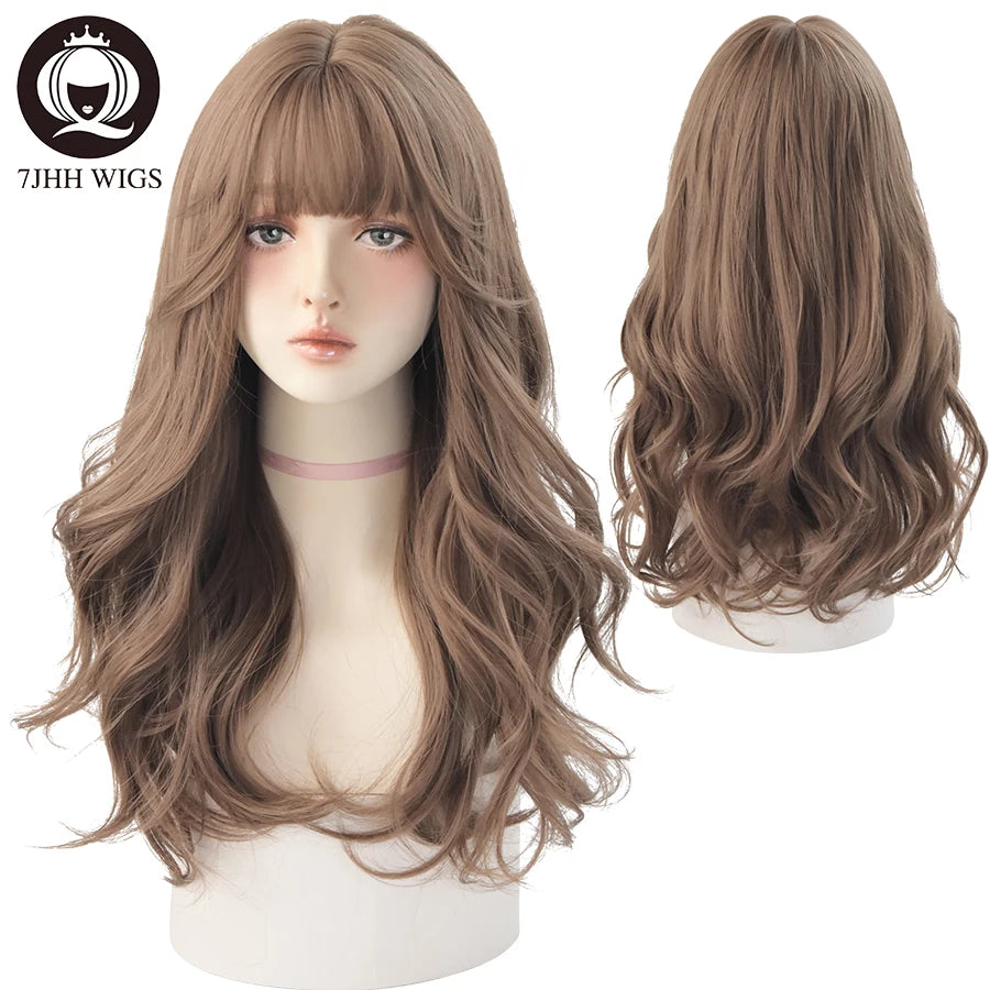 7JHH Popular Brown Ash Long Deep Wave Wig with Bangs for Women