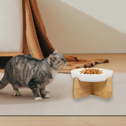 Raised Ceramic Cat Bowl with Wood Stand - Anti-Vomiting Slow Feeder