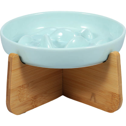 Raised Ceramic Cat Bowl with Wood Stand - Anti-Vomiting Slow Feeder